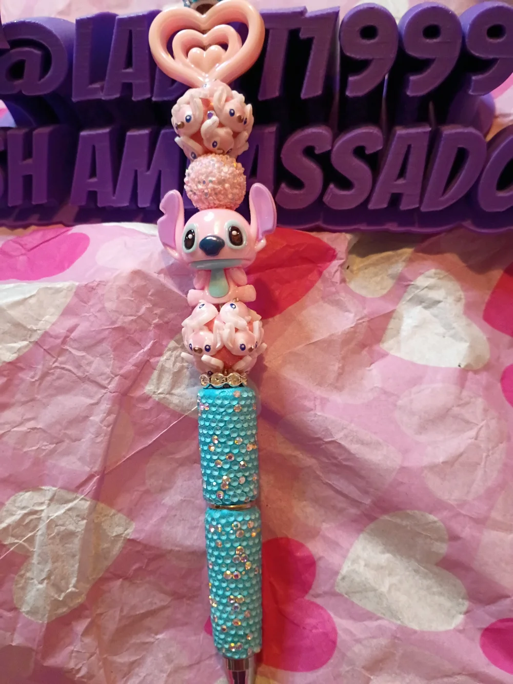 Pink Beaded Character Pen - Cute Heart Top Stationery